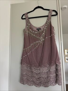 bebe Rose-Mauve Sequin Fringe Mini Dress
